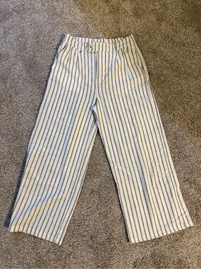 Love Tree Cream and Navy Striped Linen Wide-Leg Pants